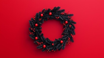 Red and black holiday wreath with glowing lights, 3D illustration