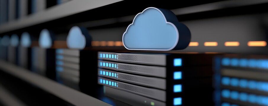 Technologyfocused cloud computing design with a data center illuminated by blue lights, representing modern cloud storage solutions