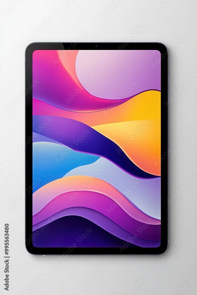 Poster modern tablet device displaying vibrant colorful abstract design with smooth curves and dynamic shap