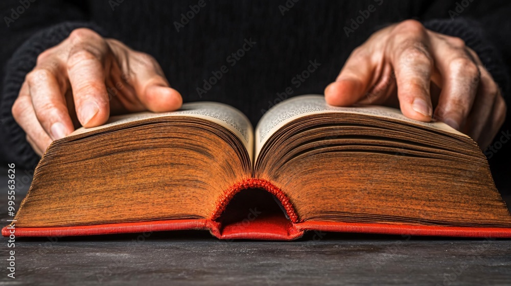 Aufkleber A person reading a motivational book with focus and intention symbolizing learning and self-improvement through reading and reflection Large space for text in center Stock Photo with copy space