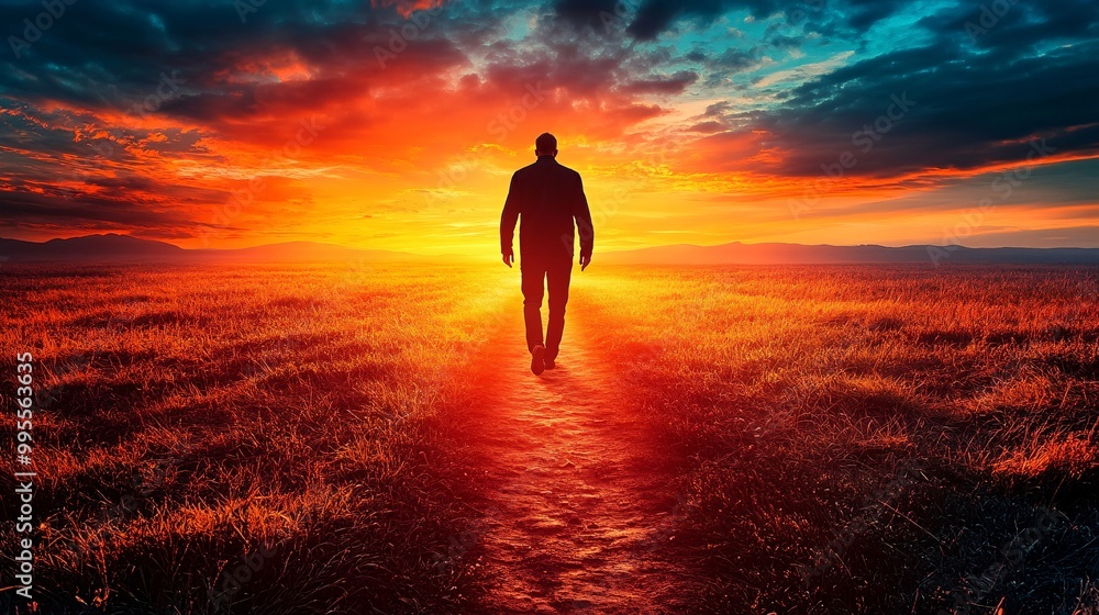 Aufkleber a lone figure walking a long pathway toward the sunset representing the journey of personal growth a