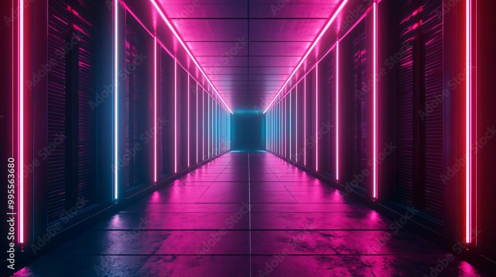 Poster a vibrant corridor illuminated by neon lights, creating a futuristic and dynamic atmosphere perfect 