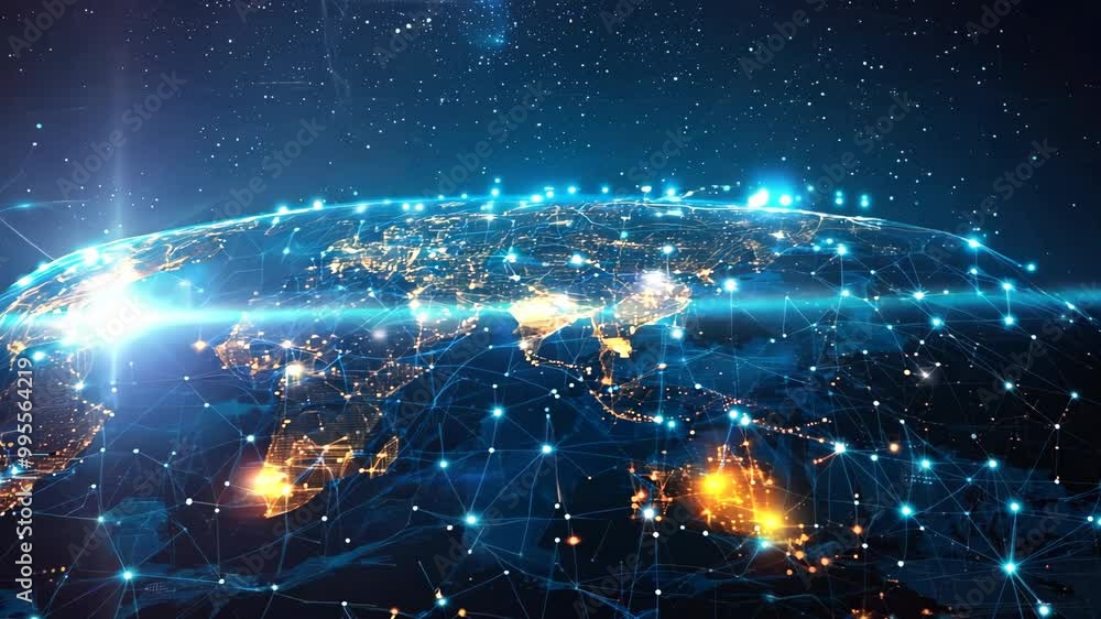 Poster a blue and yellow globe with a network of lights on it. the lights are spread out across the globe, 