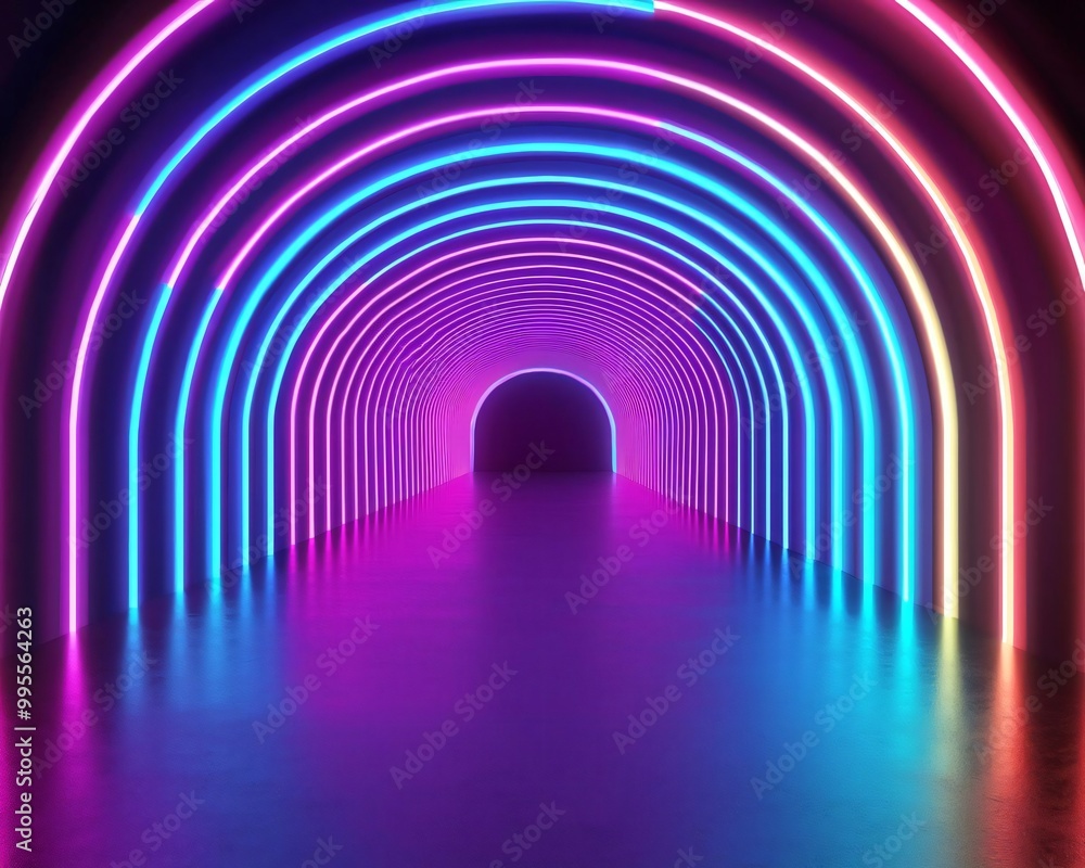 Poster a vibrant neon tunnel with colorful lights, creating a surreal and captivating atmosphere, perfect f