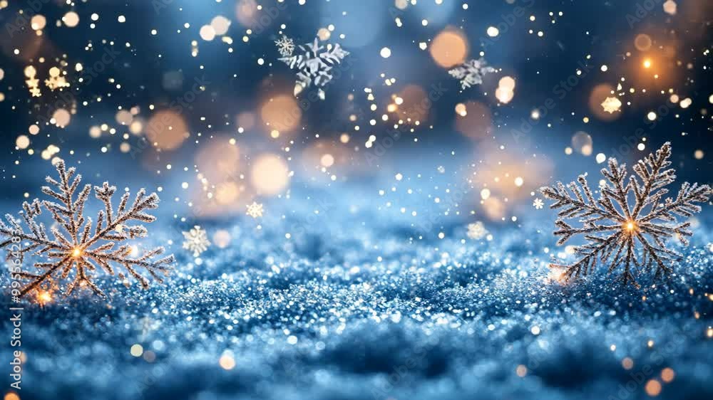 Poster a snowy landscape with two snowflakes on the ground. the snowflakes are illuminated by a light sourc
