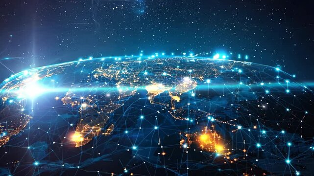 A blue and yellow globe with a network of lights on it. The lights are spread out across the globe, creating a sense of connectivity and interdependence. Concept of a global community