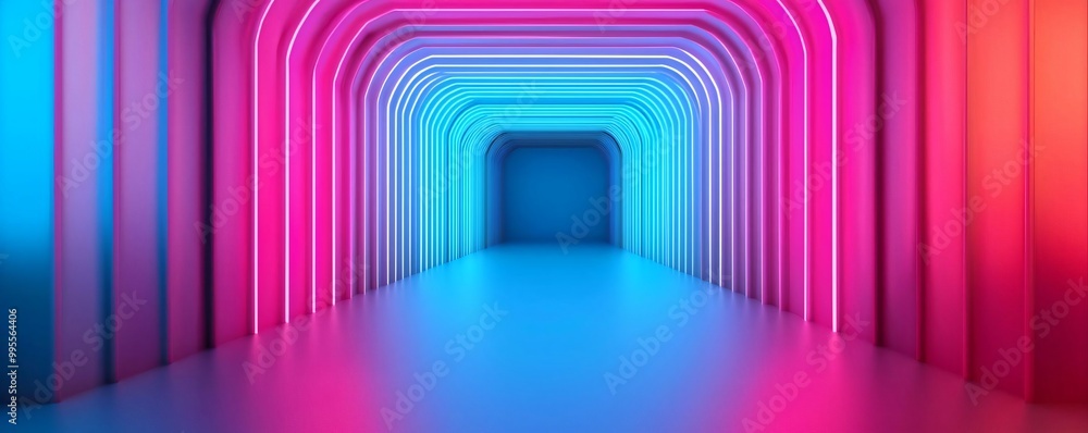 Poster a vibrant, futuristic tunnel illuminated with pink and blue lights, creating an immersive and dynami