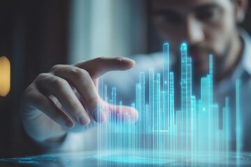 A person interacting with a digital data visualization in a modern setting.