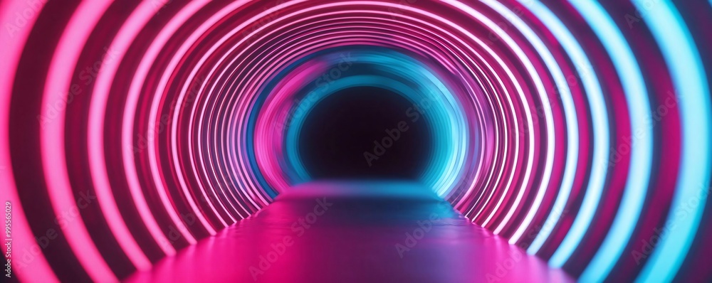 Poster a vibrant tunnel illuminated with neon lights, creating a surreal atmosphere of depth and movement.