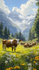Naklejka premium Cows grazing in a mountain meadow with snowy peaks Alpine landscape, cows in nature, peaceful scenery