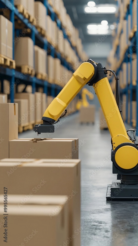 Poster a yellow robotic arm efficiently handles boxes in a modern warehouse, showcasing automation in logis