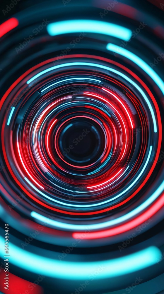 Poster abstract circular pattern with vibrant red and blue light trails, creating a dynamic and modern visu