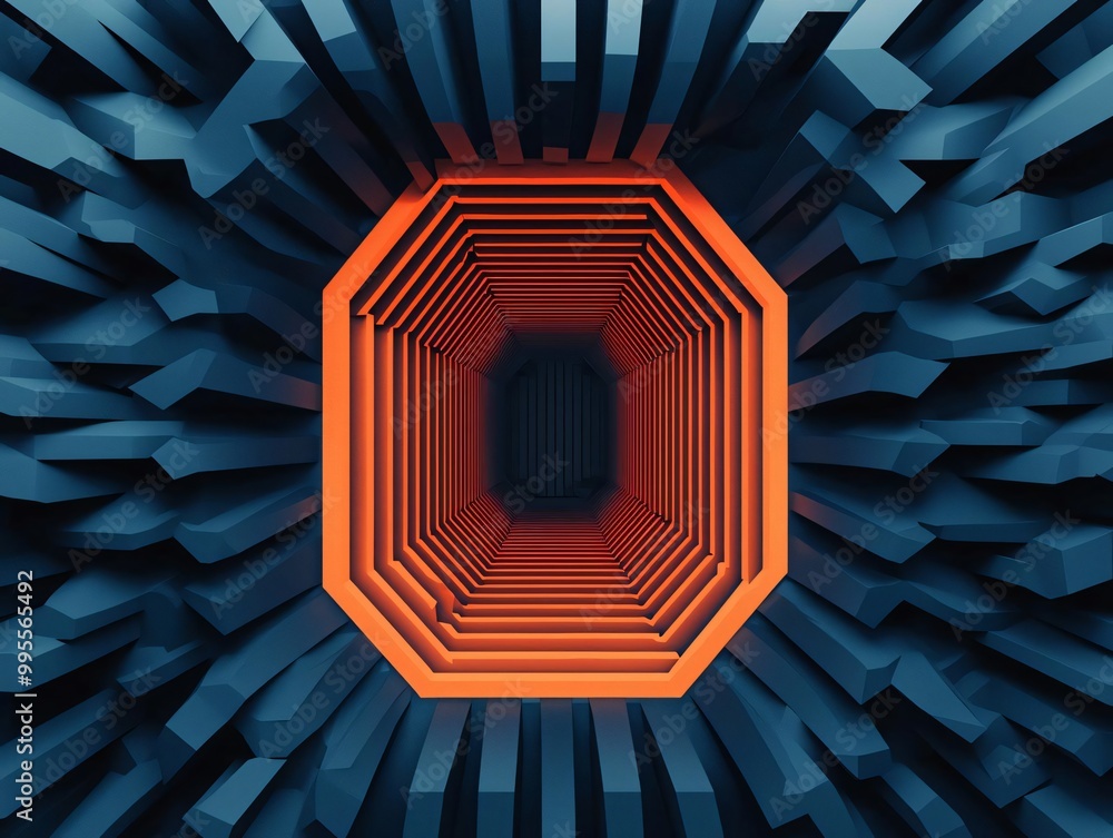 Poster abstract geometric tunnel with layered structures in vibrant colors, creating a captivating depth il