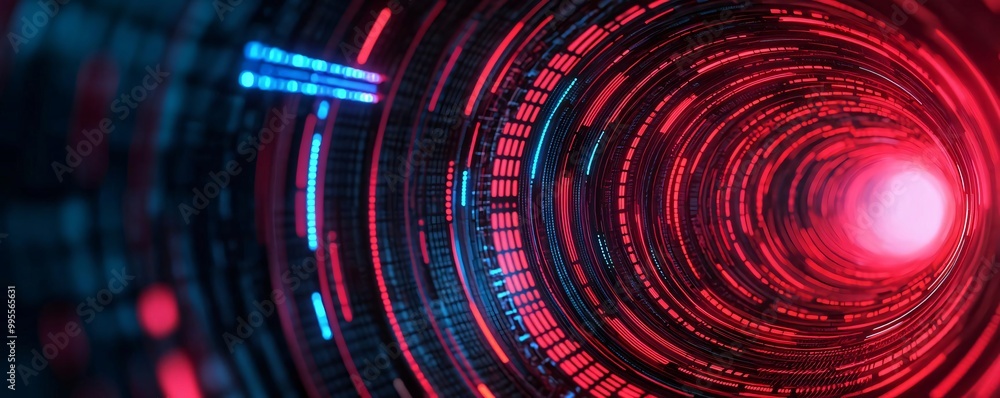 Poster abstract view of a glowing tunnel with red and blue lights, suggesting depth and futuristic technolo