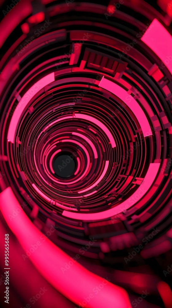 Poster an abstract spiral design featuring vibrant red hues and intricate circular patterns, perfect for te