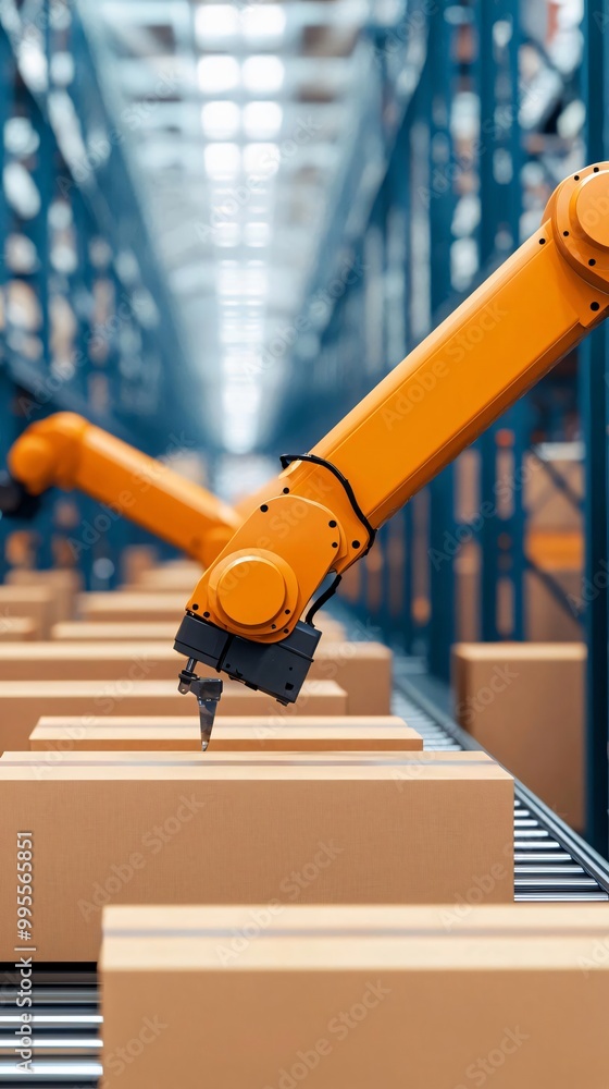 Aufkleber automated warehouse scene showing a robotic arm handling packages efficiently in a streamlined setti