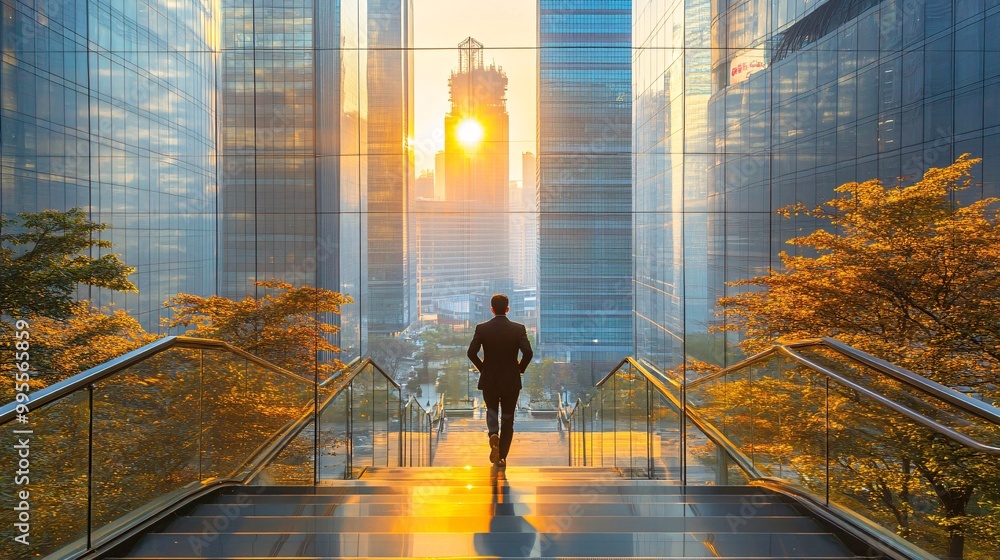 Poster A person running up stairs in a modern cityscape symbolizing effort determination and the pursuit of personal success Large space for text in center Stock Photo with copy space