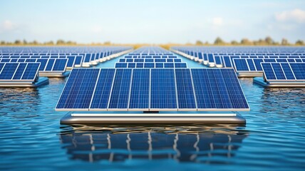 Solar panels floating on water, reflecting blue skies, sustainable energy solution