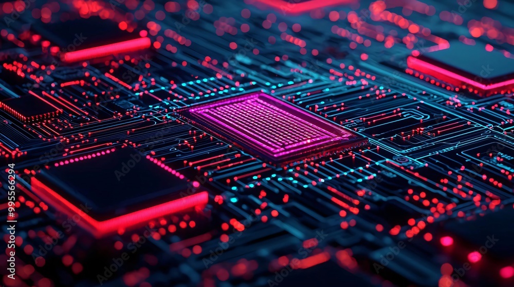 Poster close-up of a vibrant circuit board with microchips and glowing patterns, showcasing advanced techno