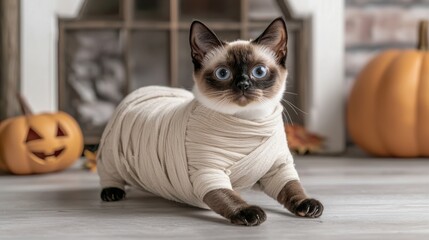 A playful cat wrapped in bandages, showcasing a unique Halloween theme with pumpkins in the background.