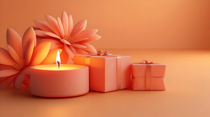 3D Bhai Dooj Candle & Gift Vector - Minimalistic Design of a Glowing Candle Beside Wrapped Gift on White Background