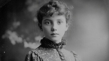 Black-and-white portrait of a young European girl with curly hair, wearing a detailed lace dress. She stares directly into the camera with a calm expression.

Concept:
Vintage portrait, childhood 