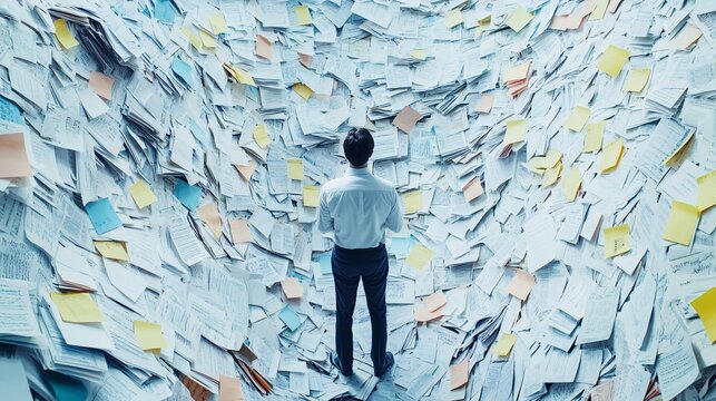Staring at a wall of documents and sticky notes, the person contemplates the overwhelming workload ahead