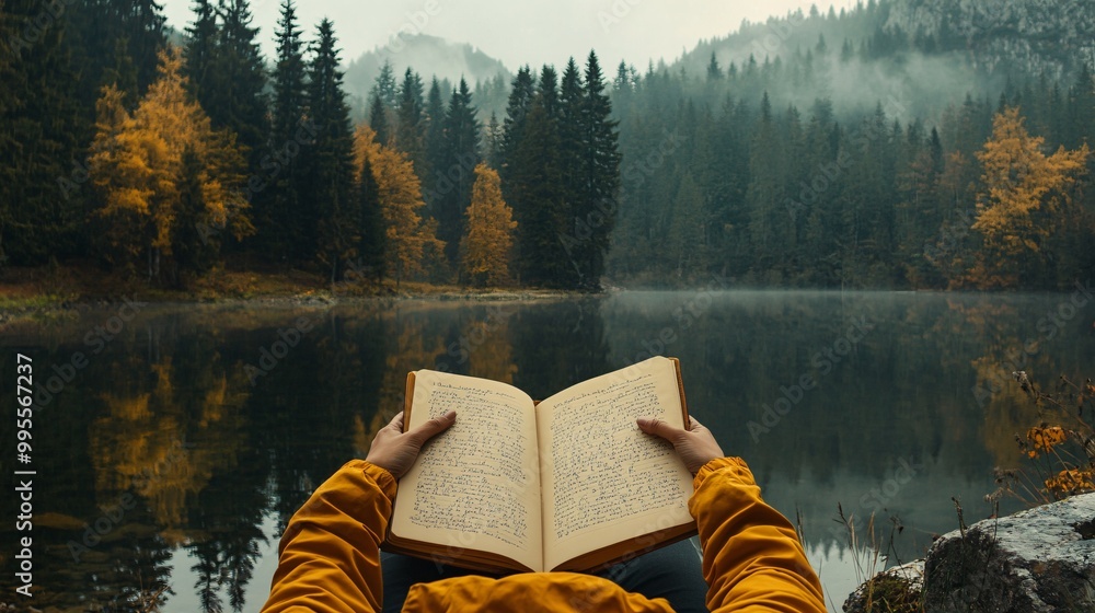 Poster a person sitting quietly by a lake with a journal reflecting on their personal goals symbolizing min