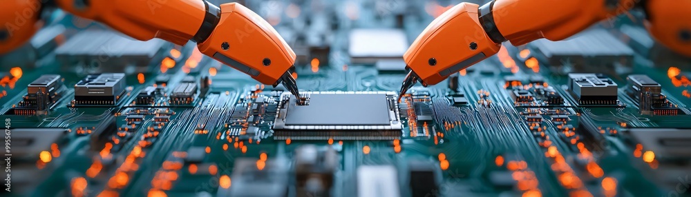 Poster close-up view of robotic arms assembling electronic components on a circuit board, showcasing advanc