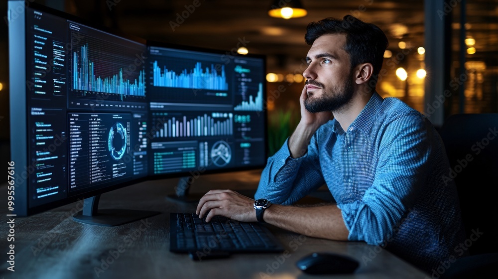 Poster A businessperson looking at charts and data on a computer screen representing strategic planning and career growth Large space for text in center Stock Photo with copy space