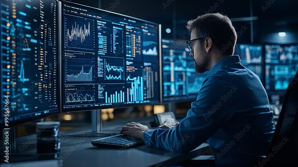 Aufkleber A businessperson looking at charts and data on a computer screen representing strategic planning and career growth Large space for text in center Stock Photo with copy space