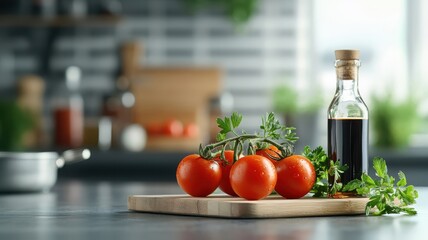 Rustic kitchen scene with hanging cherry tomatoes above a wooden cutting board, surrounded by herbs and balsamic vinegar.
