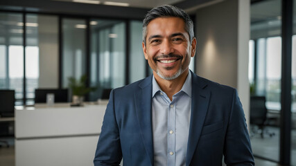 Fototapeta premium Confident CEO: A portrait of a confident, successful CEO exuding leadership, experience, and a welcoming smile. He stands in a modern office setting.