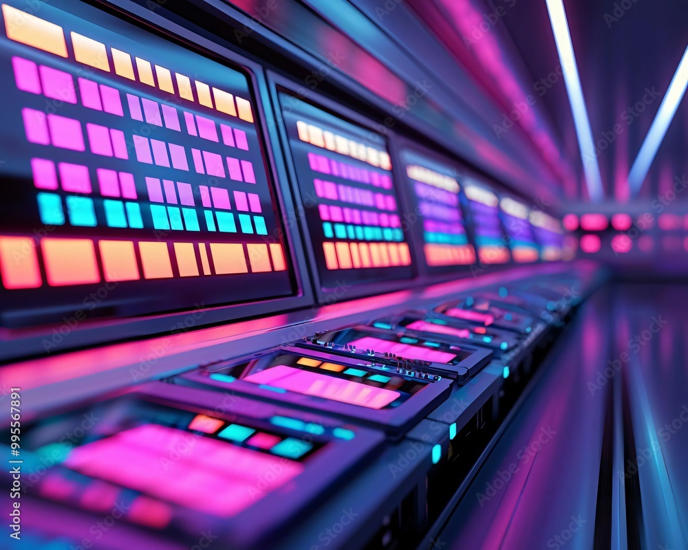 Poster dynamic close-up of a neon-lit interface showcasing vibrant colors and modern technology in a futuri