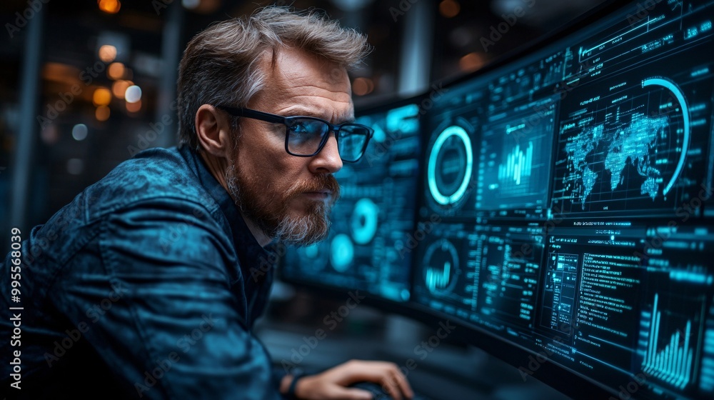 Poster A businessperson looking at charts and data on a computer screen representing strategic planning and career growth Large space for text in center Stock Photo with copy space