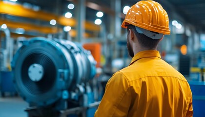 Focused worker in safety gear observes machinery in industrial factory setting, emphasizing safety and professionalism.