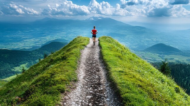 A runner standing proudly at the top of a hill with a scenic view in the background symbolizing endurance strength and personal victory Large space for text in center Stock Photo with copy space