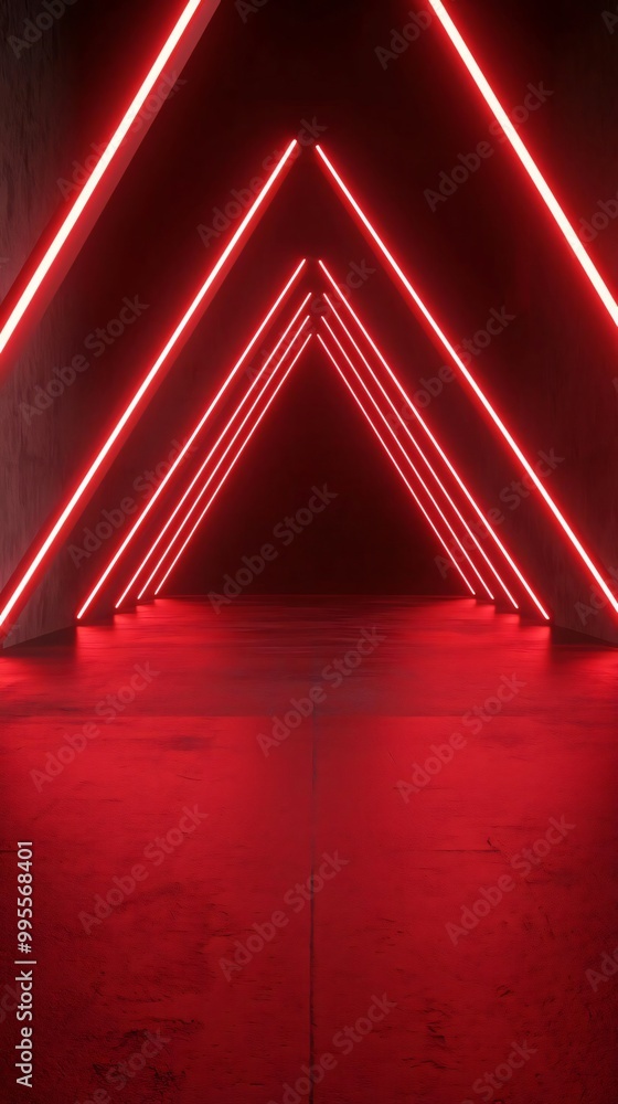 Poster futuristic hallway featuring vibrant red neon lights with sharp triangular shapes, creating a striki
