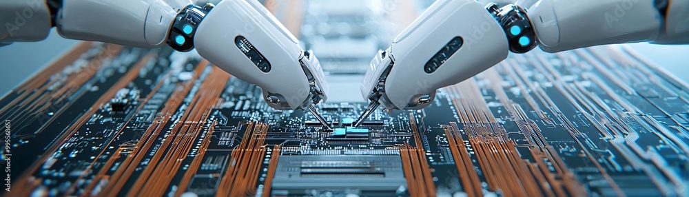 Poster futuristic robotic arms working on a circuit board, showcasing advanced technology and automation in