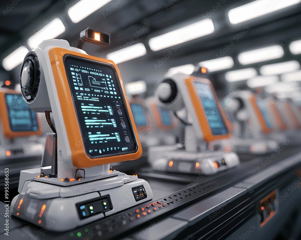 Poster futuristic robots with advanced screens in a modern industrial setting showcasing technology and aut