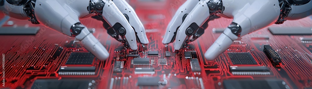 Poster futuristic robotic hands interacting with a circuit board, showcasing advanced technology and innova