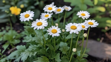 Bright white daisy flowers blooming abundantly in a green garden during the springtime