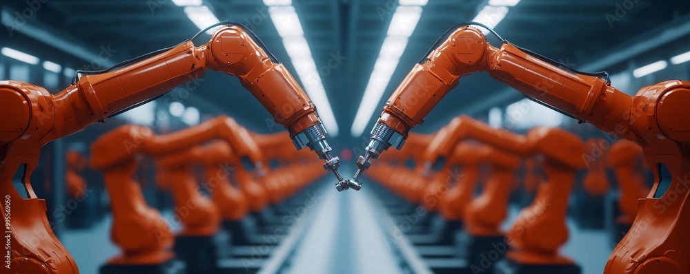 Poster high-tech robotic arms in a modern factory assembly line, showcasing innovation and automation in ma