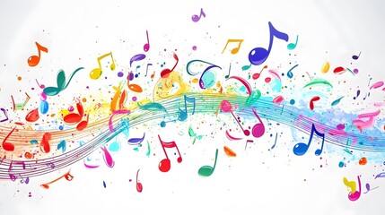 Fototapeta premium Colorful musical notes and treble clefs on a white background, vector illustration with space for text or message