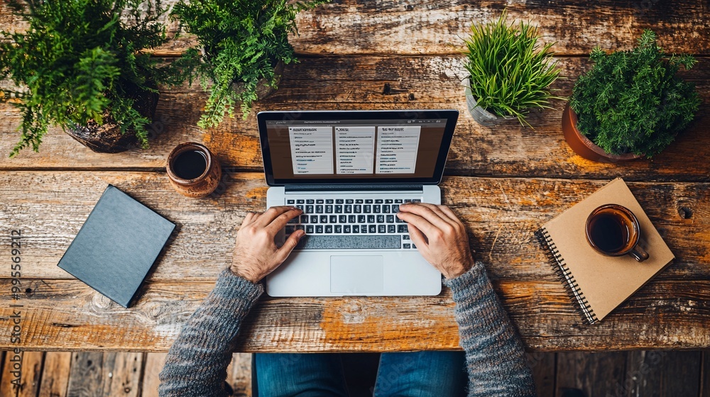 Poster A person at a desk checking off tasks from a to-do list symbolizing productivity organization and personal achievement Large space for text in center Stock Photo with copy space