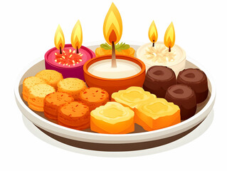 Obraz premium Modern Flat Vector of Bhai Dooj Sweets and Diya Isolated on White Background - Glossy Festive Glow Illustration