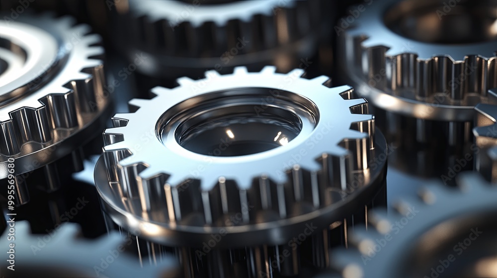 Poster a close-up view of metallic gears, showcasing their intricate design and functionality in machinery.