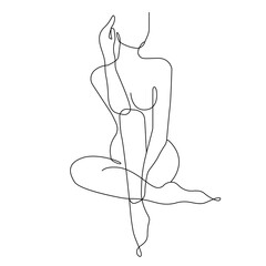 Continuous Single Line Drawing of Woman Silhouette. Female Figure Minimalistic Style. Black and White Vector One Line Fashion Illustration. Trendy Glamour Concept for Logo, wall Art, Cards
