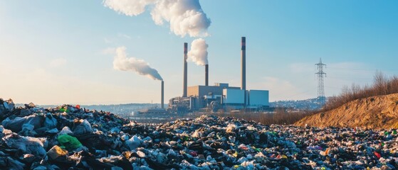 A striking image showcasing a landfill site with piles of garbage in the foreground and factory smokestacks emitting smoke in the background, highlighting pollution issues.