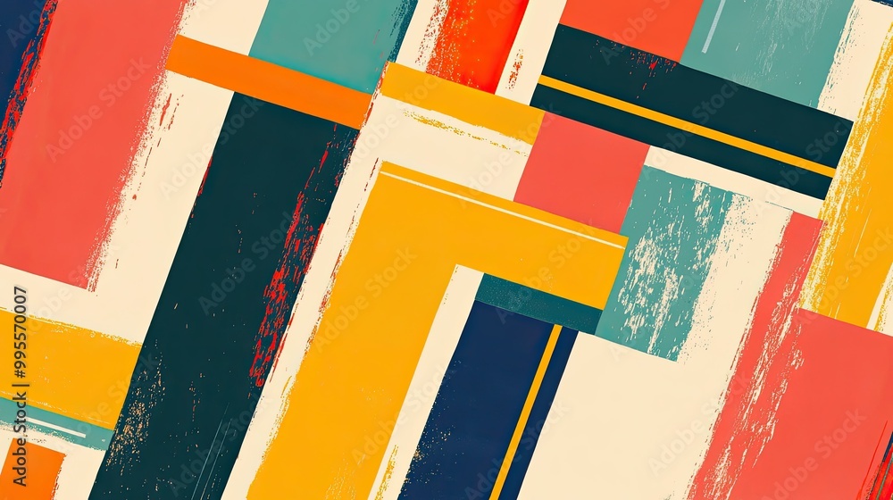 Poster bold abstract pattern with overlapping rectangles and stripes, with room for copy in the corners.